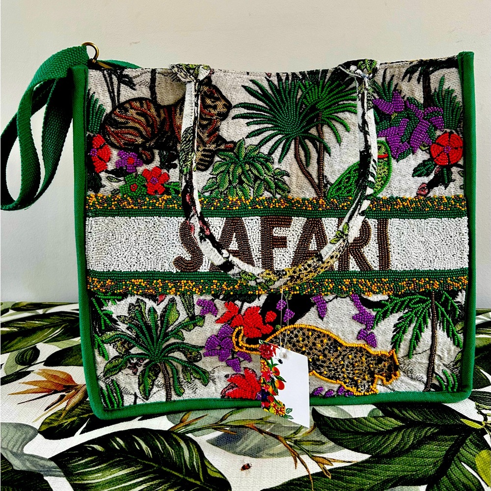 Hand Beaded 'Safari' Written 
Detachable Crossbody Strap Magnetic
Button Closure